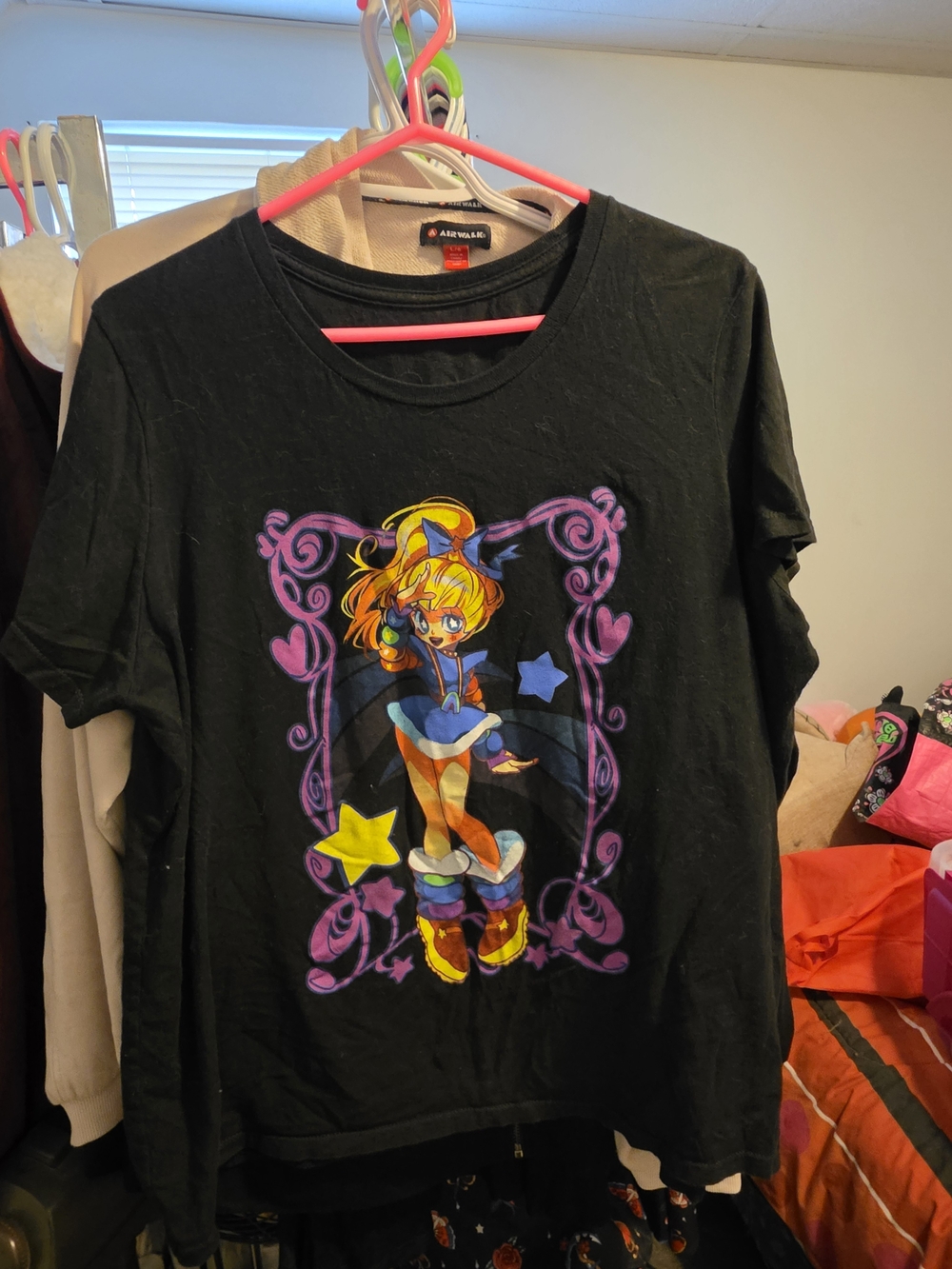 New Era Black Womens Anime Graphic Tee with Purple & Yellow Accents
